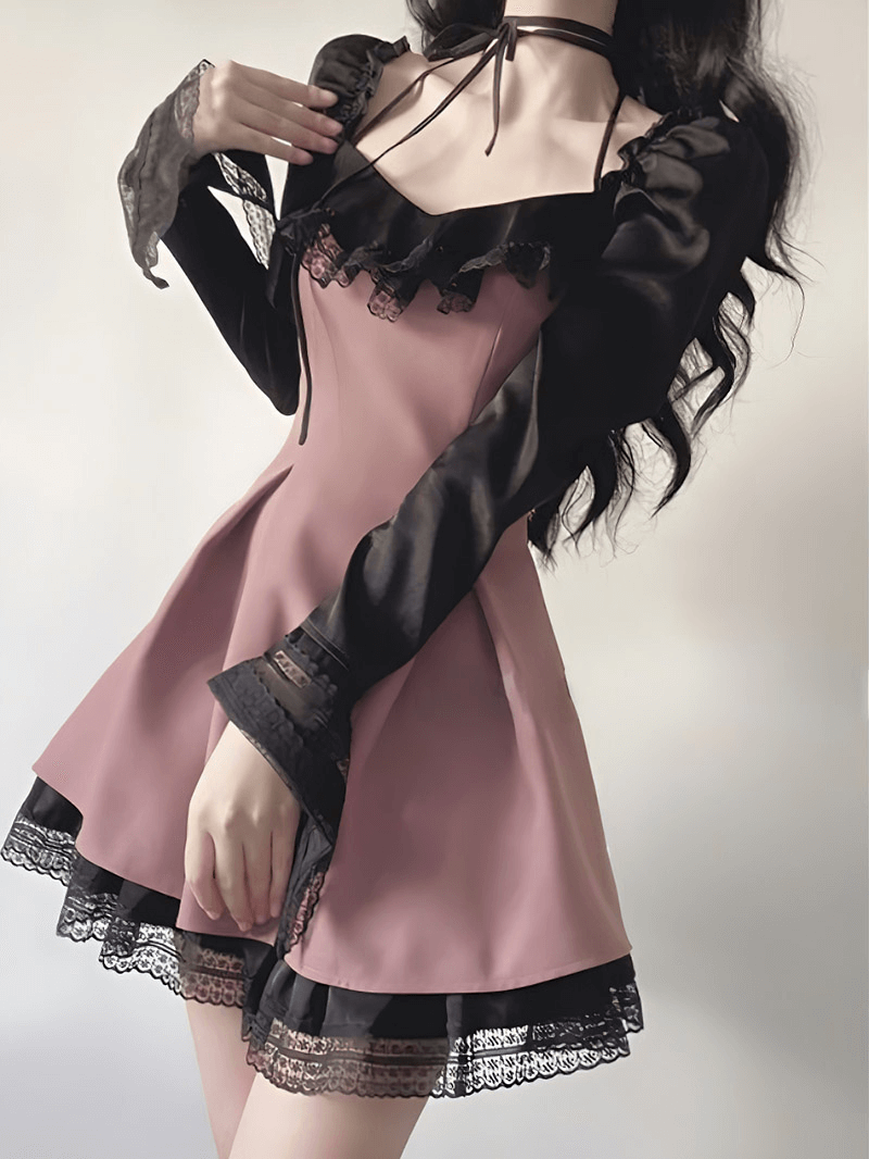 Gothic women's mini dress with pink mesh and black long sleeves, featuring open shoulders and elegant lace details.
