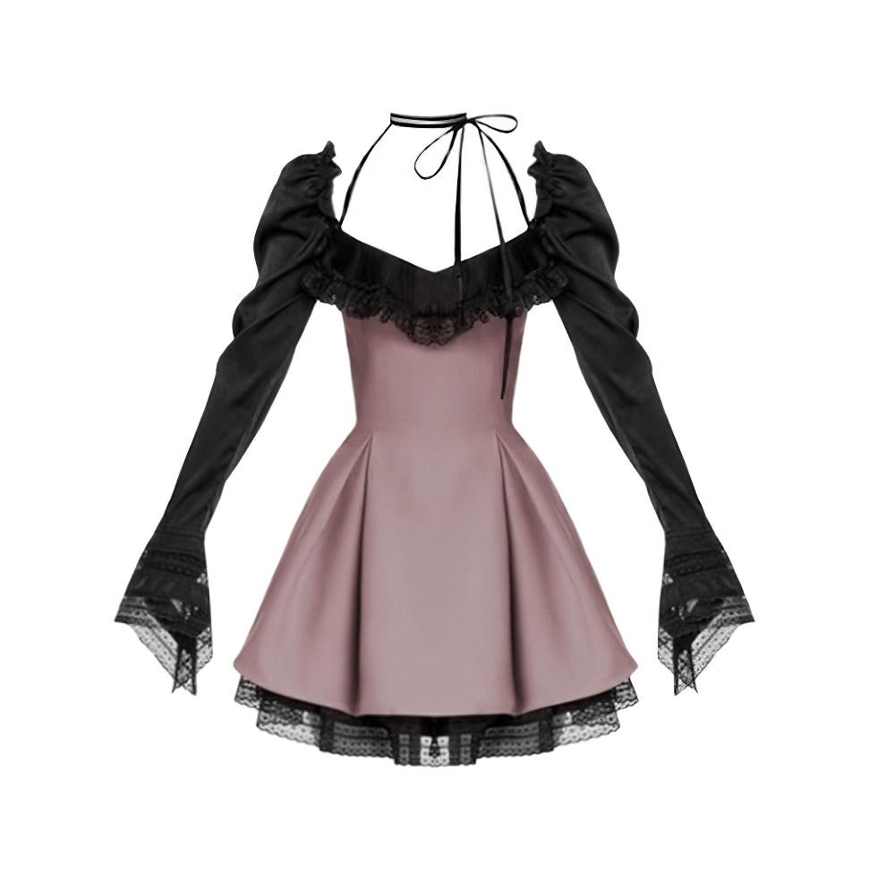 Sexy pink mesh mini dress with gothic black long sleeves and lace trim, perfect for alternative fashion lovers.