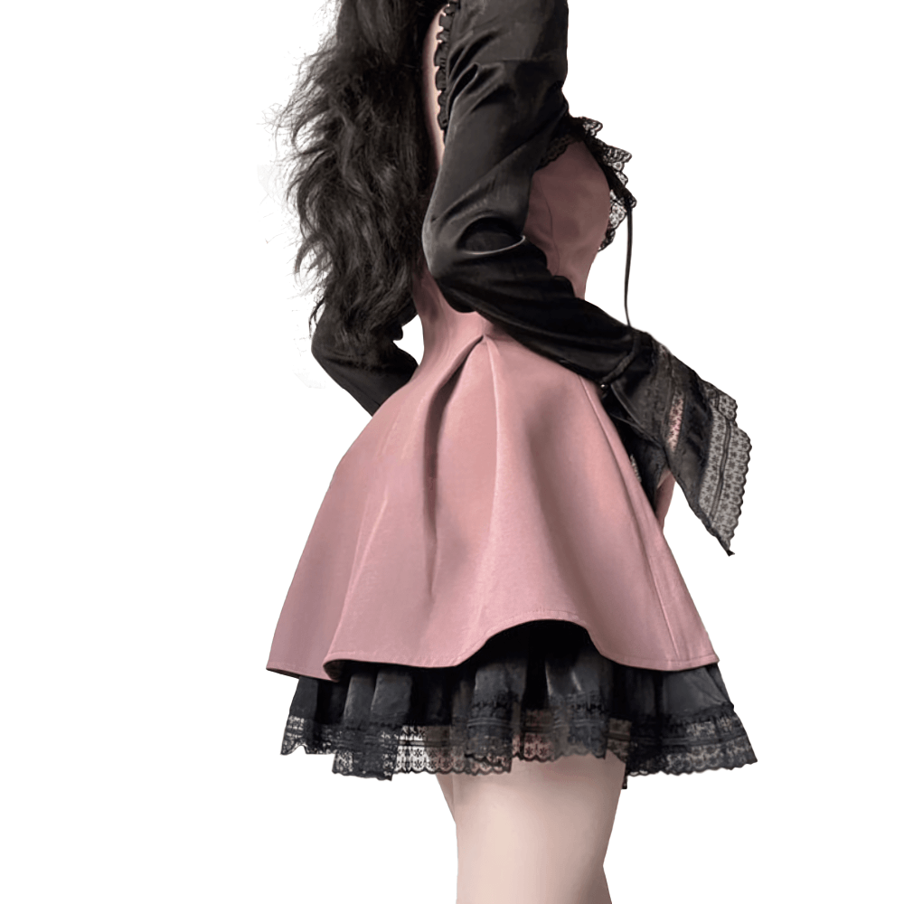 Gothic pink mini dress with long sleeves and open shoulders, showcasing a sultry silhouette and lace details.