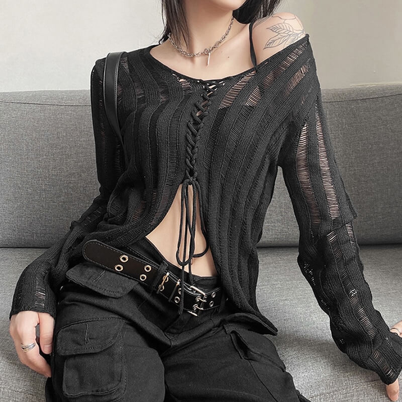 Sexy Long Sleeves Women's Top / Grunge Black Knitwear Top with Lace-Up Front - HARD'N'HEAVY
