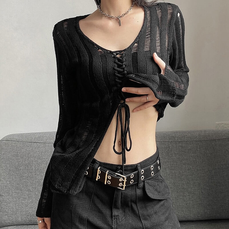 Sexy long sleeve black knitwear top with lace-up front detail, perfect for a grunge-inspired look.