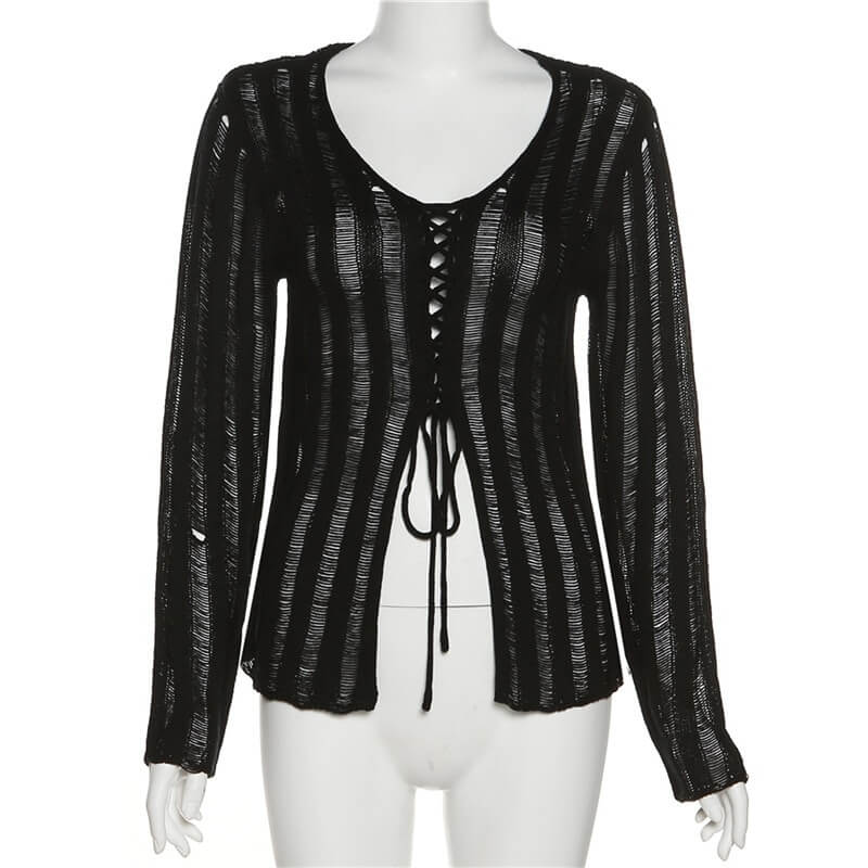 Sexy long sleeve black knitwear top with lace-up front for a grunge-inspired look.
