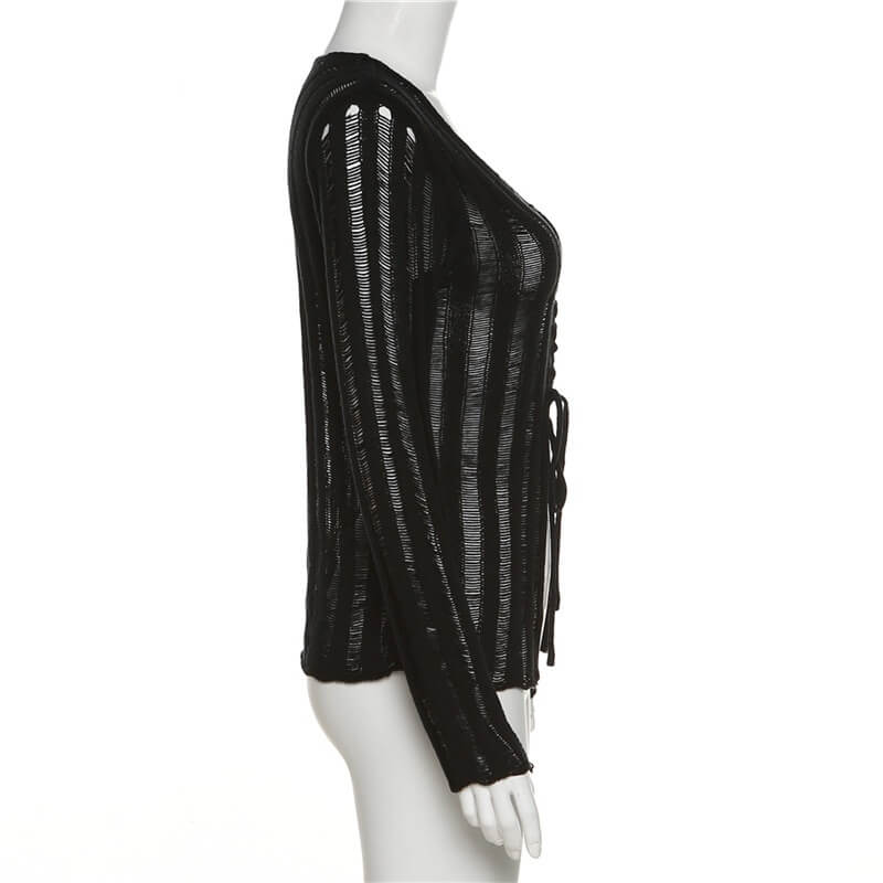 Sexy long sleeves women's grunge knitwear top with lace-up front, showcasing a stylish side view.