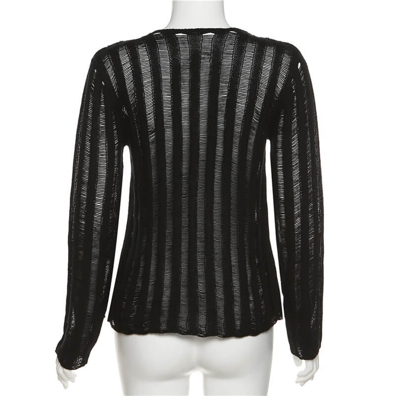 Back view of a sexy long sleeves women's black knitwear top with striped design and lace-up detail.