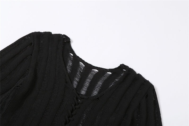 Sexy black knitwear top with lace-up front and textured long sleeves, perfect for a grunge-chic look.