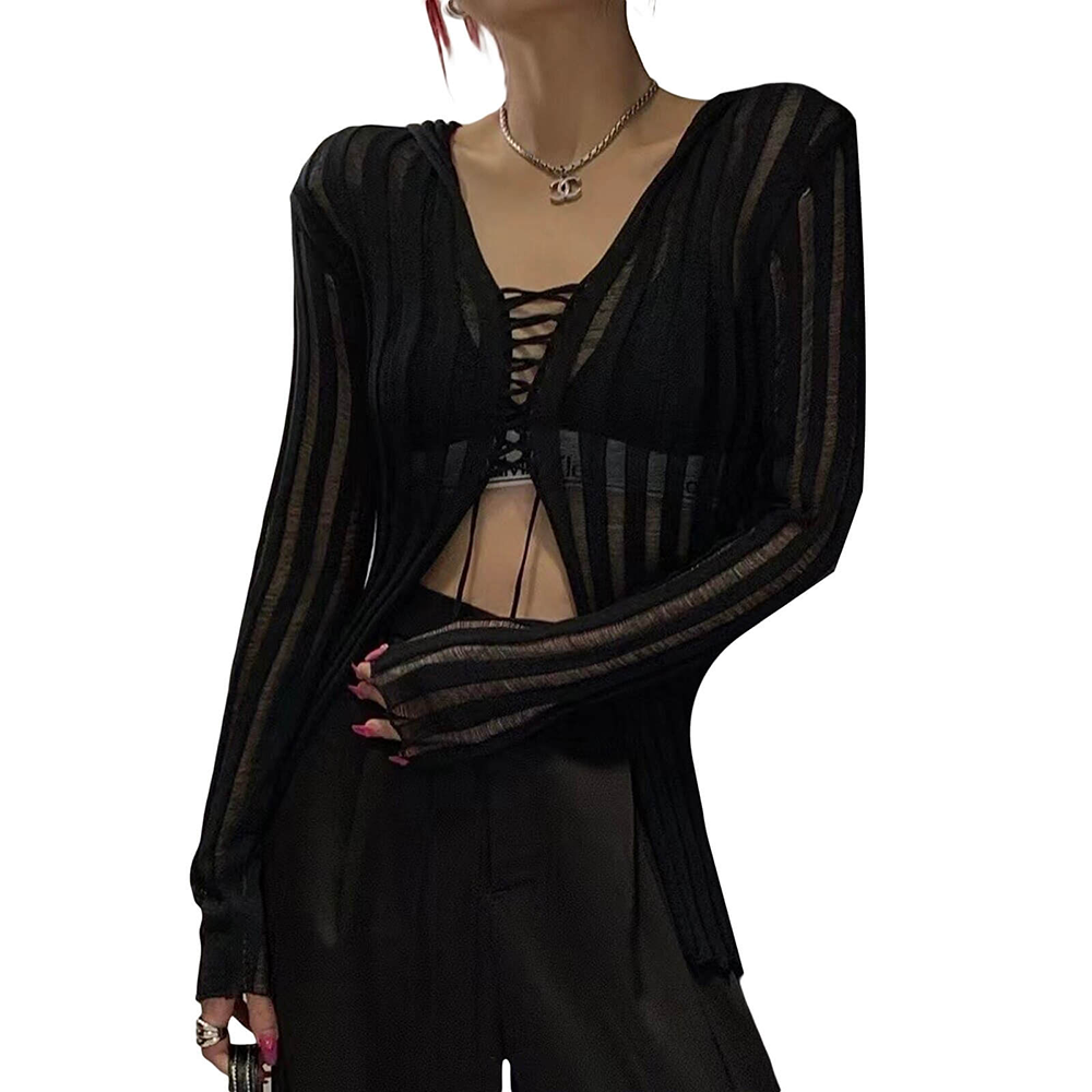 Sexy grunge black knitwear top with lace-up front and long sleeves for a bold fashion statement.