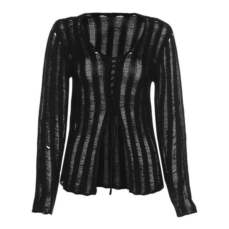 Sexy long sleeves black knitwear top with lace-up front, perfect for a grunge-inspired outfit.