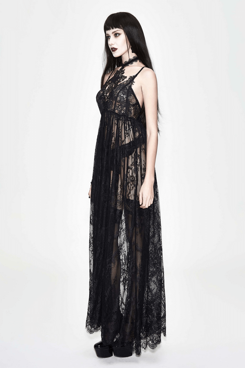 Gothic black long transparent lace dress with lace choker model, showcasing elegant romantic style.