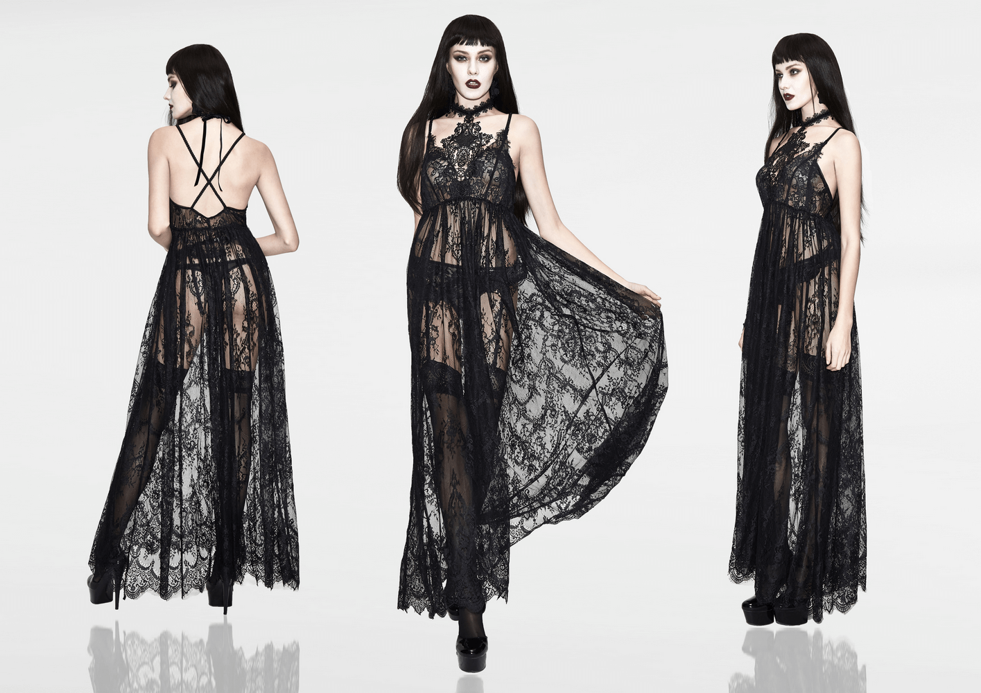 Elegant women's long transparent lace dress in black with gothic style, showcasing lace details and a dramatic flow.