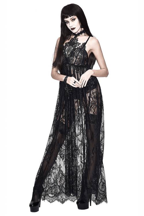 Sexy Long Transparent Lace Dress / Romantic Black Dresses With Lace Chocker