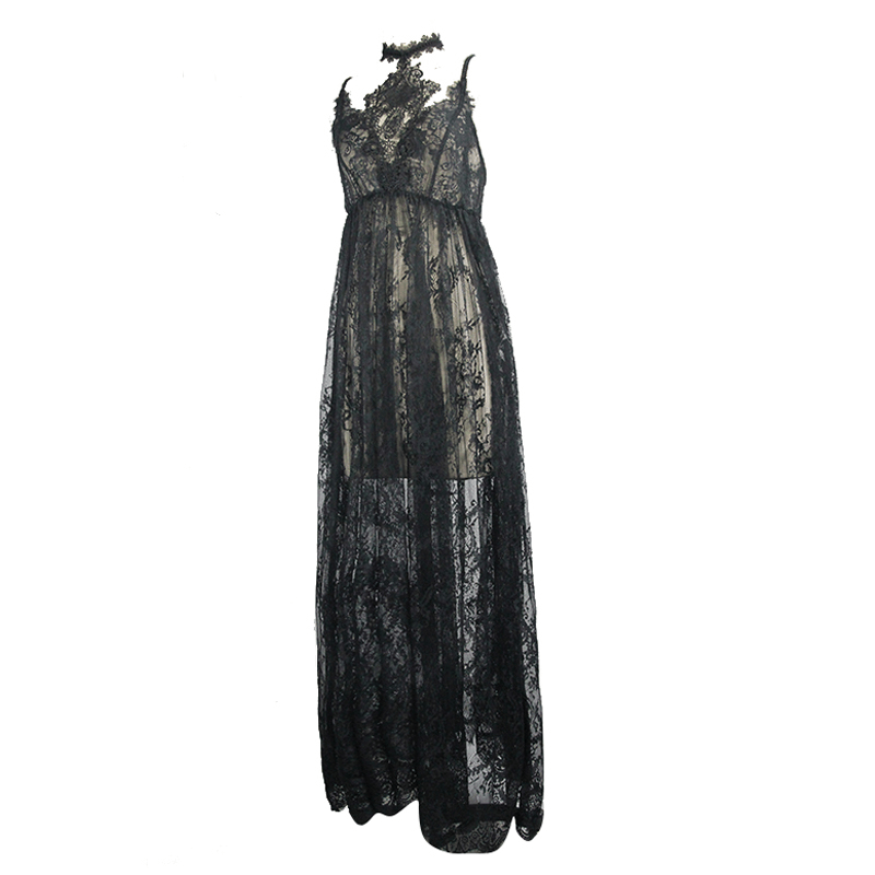 Elegant women's black long transparent lace dress with romantic lace choker for a gothic style look.