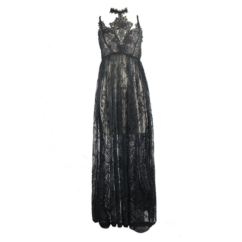 Elegant black long transparent lace dress featuring a romantic lace choker, perfect for gothic-inspired looks.