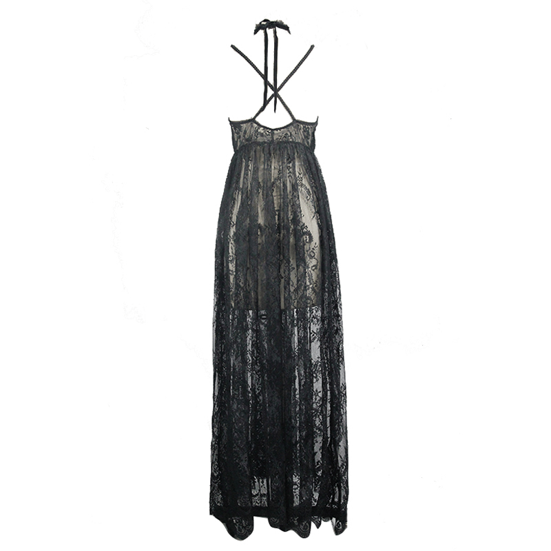 Women's sexy long transparent black lace dress with intricate floral patterns and lace choker, perfect for gothic romantic style.