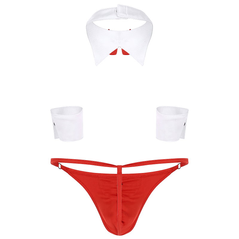 Sexy men's costume featuring a red thong and white collar accessories, ideal for role-playing games.