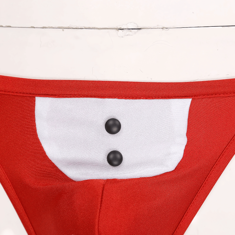 Close-up of red sexy men’s thong costume featuring tuxedo-style detailing and black buttons.