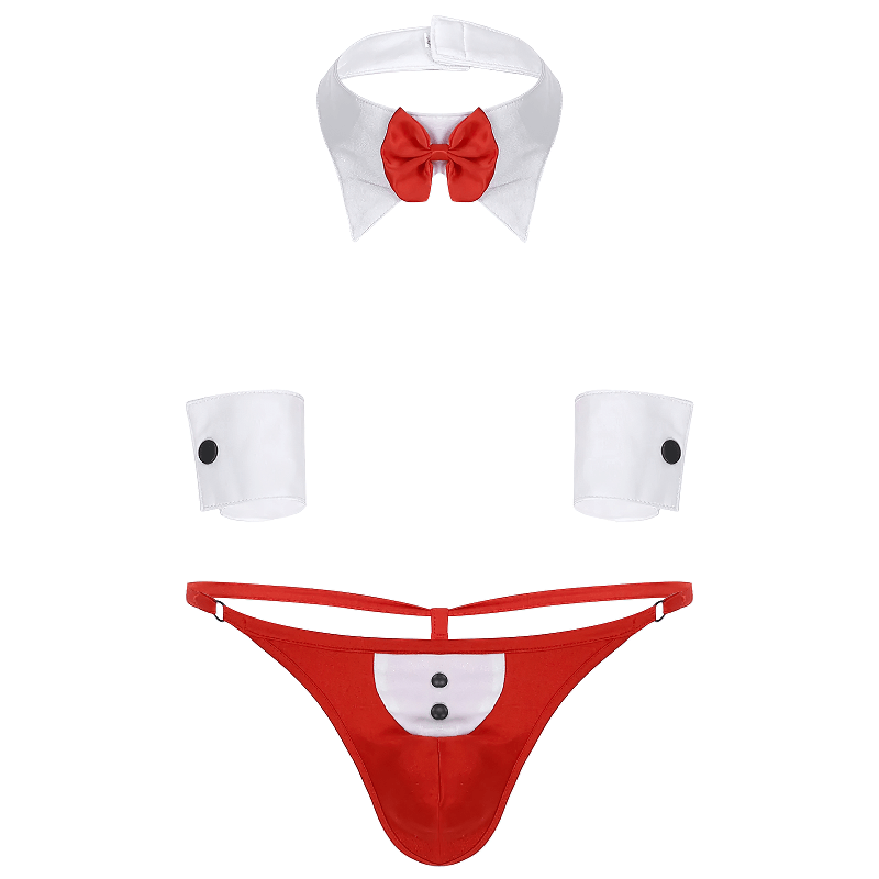 Exotic sexy men's costume with red thong, bow tie collar, and cuffs for role-playing games.