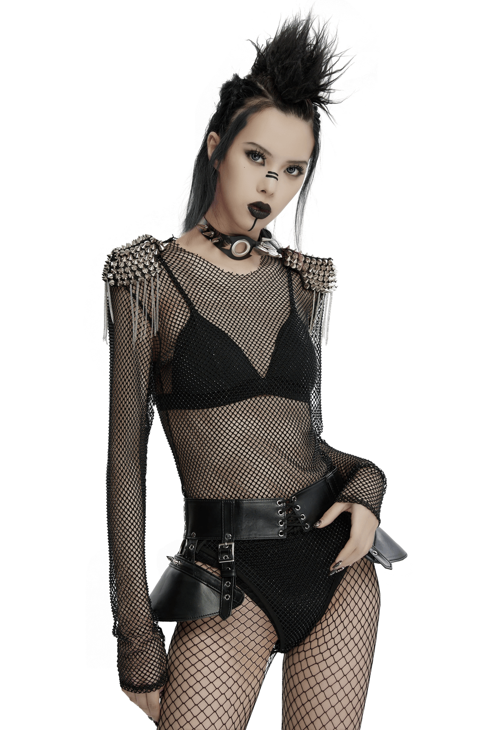 Model in a sexy mesh bodysuit with detachable spiked shoulders and rhinestones, showcasing punk style.