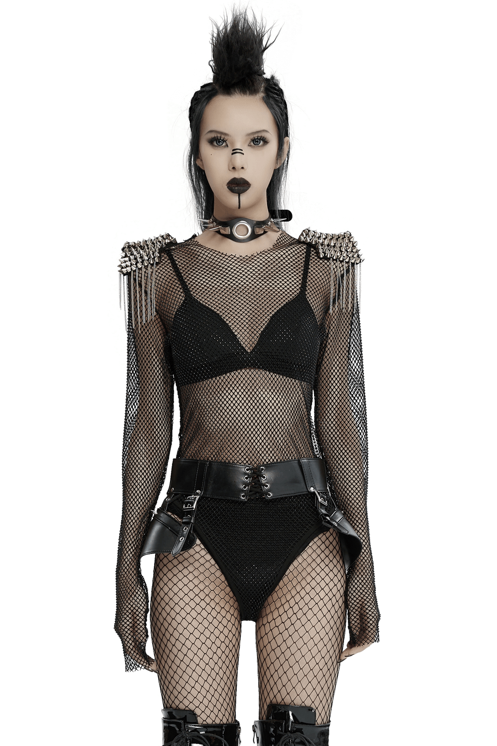 Punk-inspired sexy mesh bodysuit with spiked shoulders and rhinestones for a bold, futuristic style.