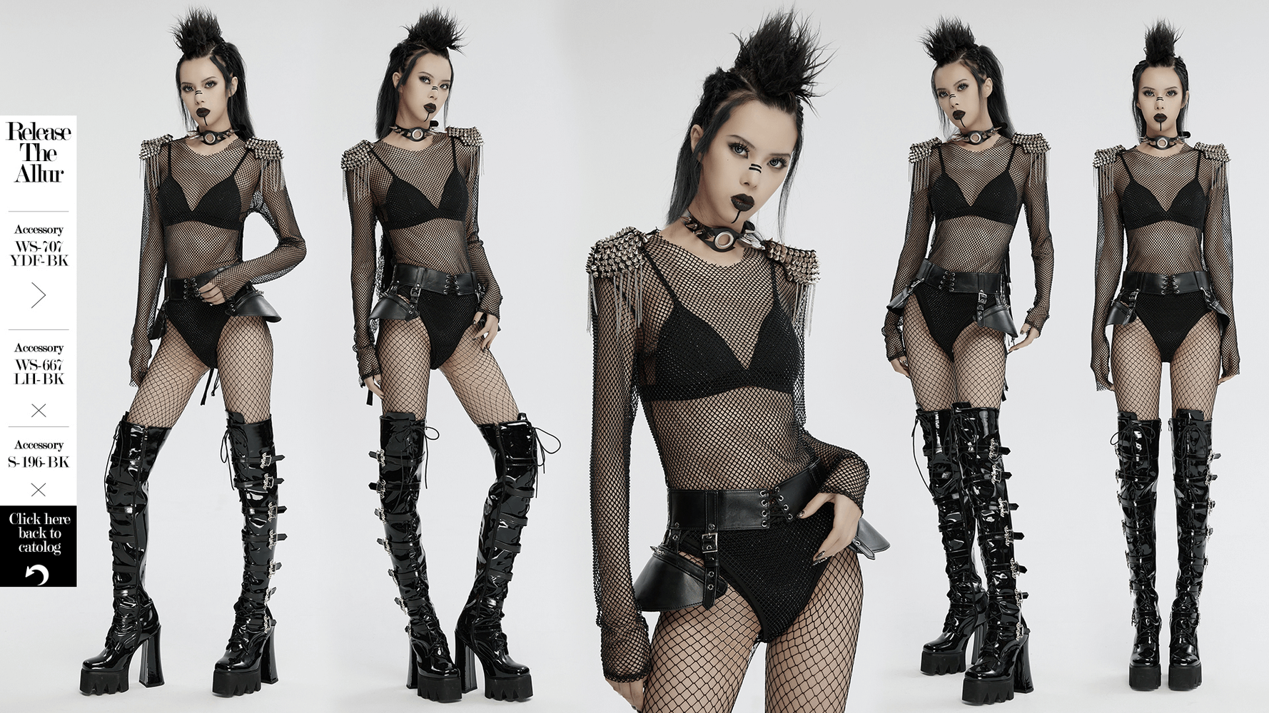 Punk mesh bodysuit with spiked shoulders and rhinestones, showcasing bold fashion and unique textures.