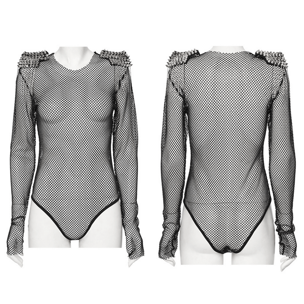 Sexy mesh bodysuit with detachable spiked shoulders and rhinestones, perfect for a punk-inspired look.