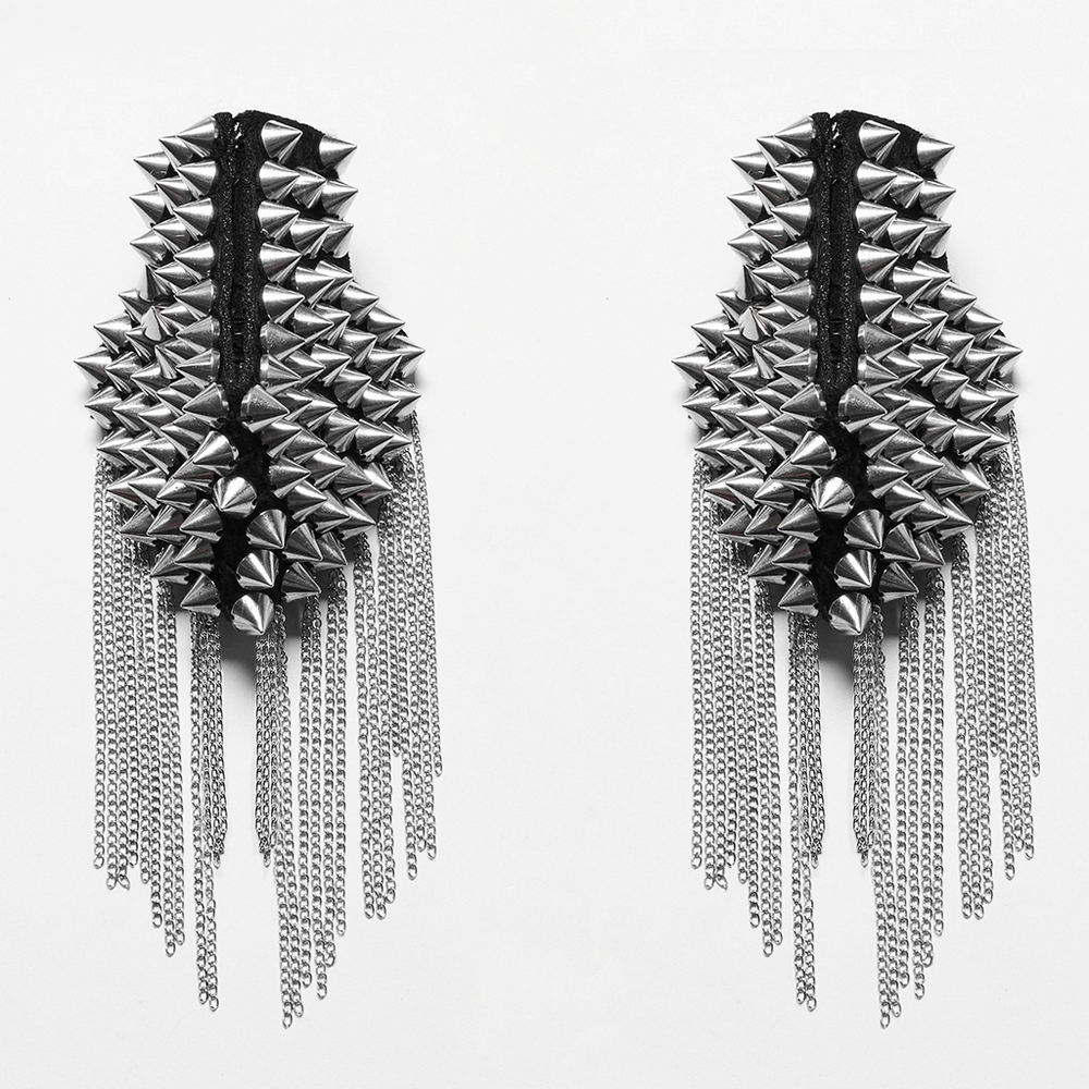 Detachable spiked shoulder patches with chains for punk fashion, offering bold style and edgy flair.