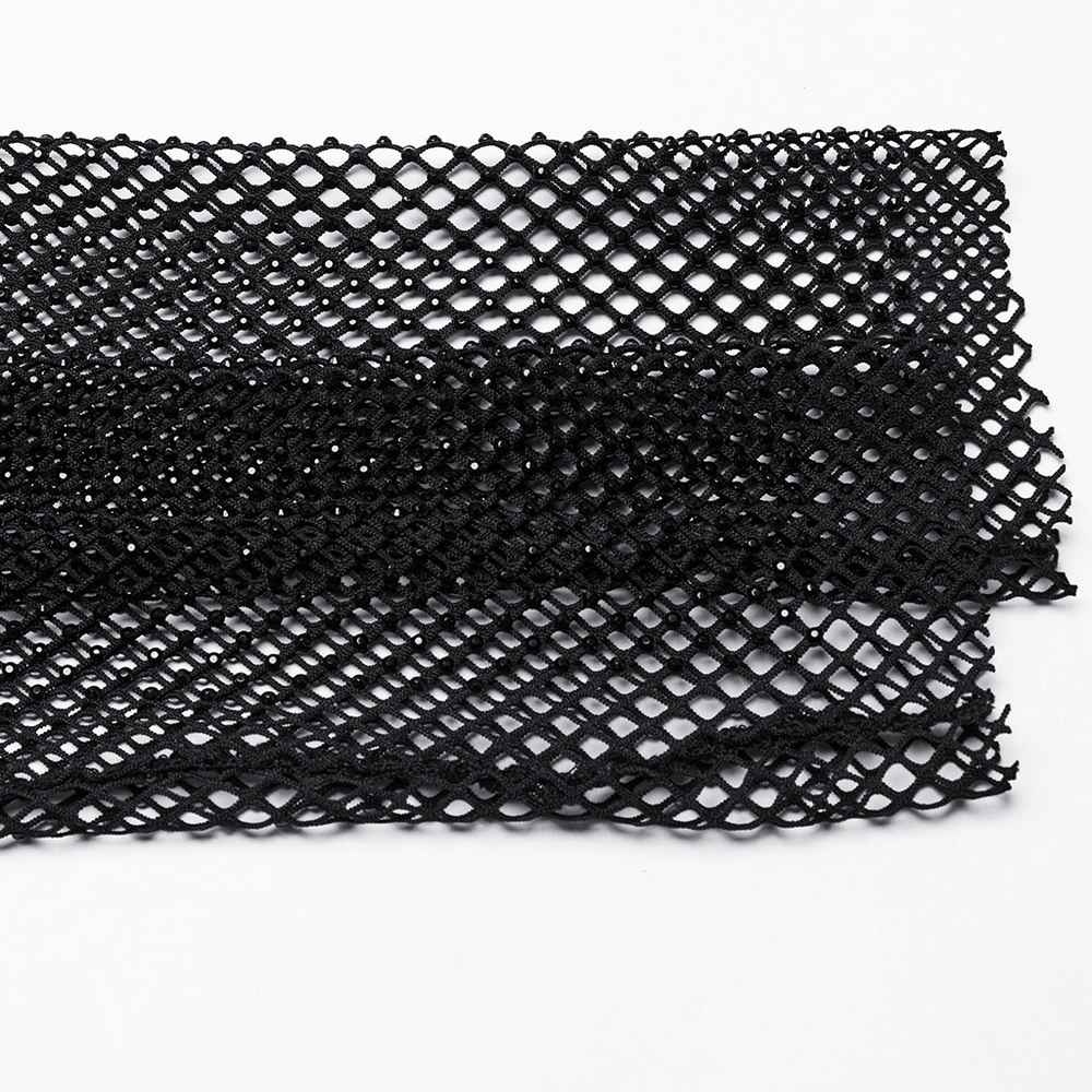 Black mesh fabric showing diamond pattern, perfect for punk fashion and bold outfit designs.