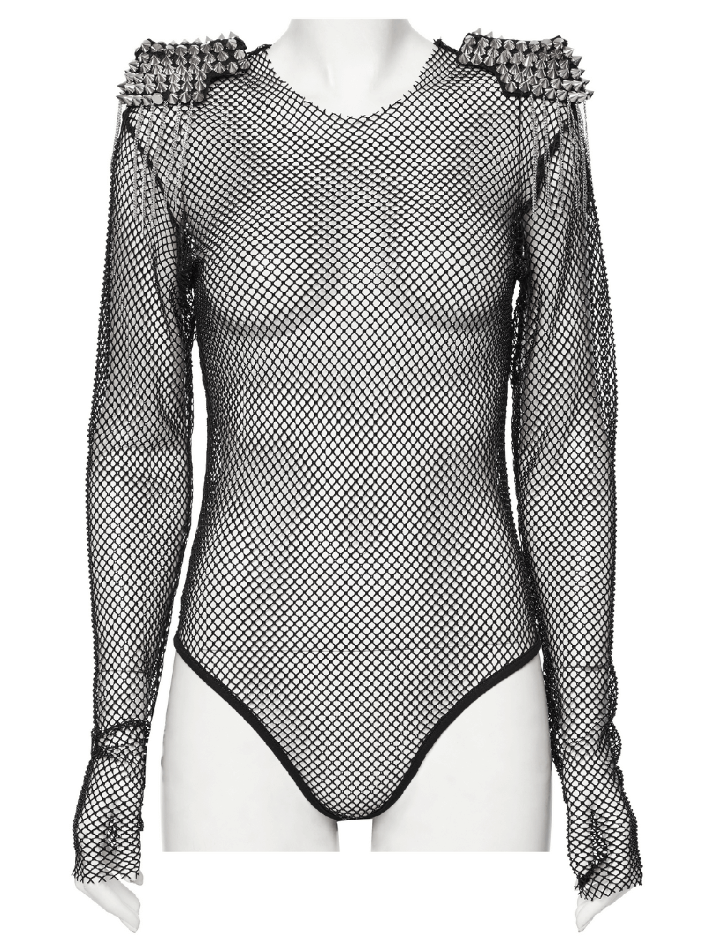 Sexy black mesh bodysuit featuring detachable spiked shoulders and long sleeves.