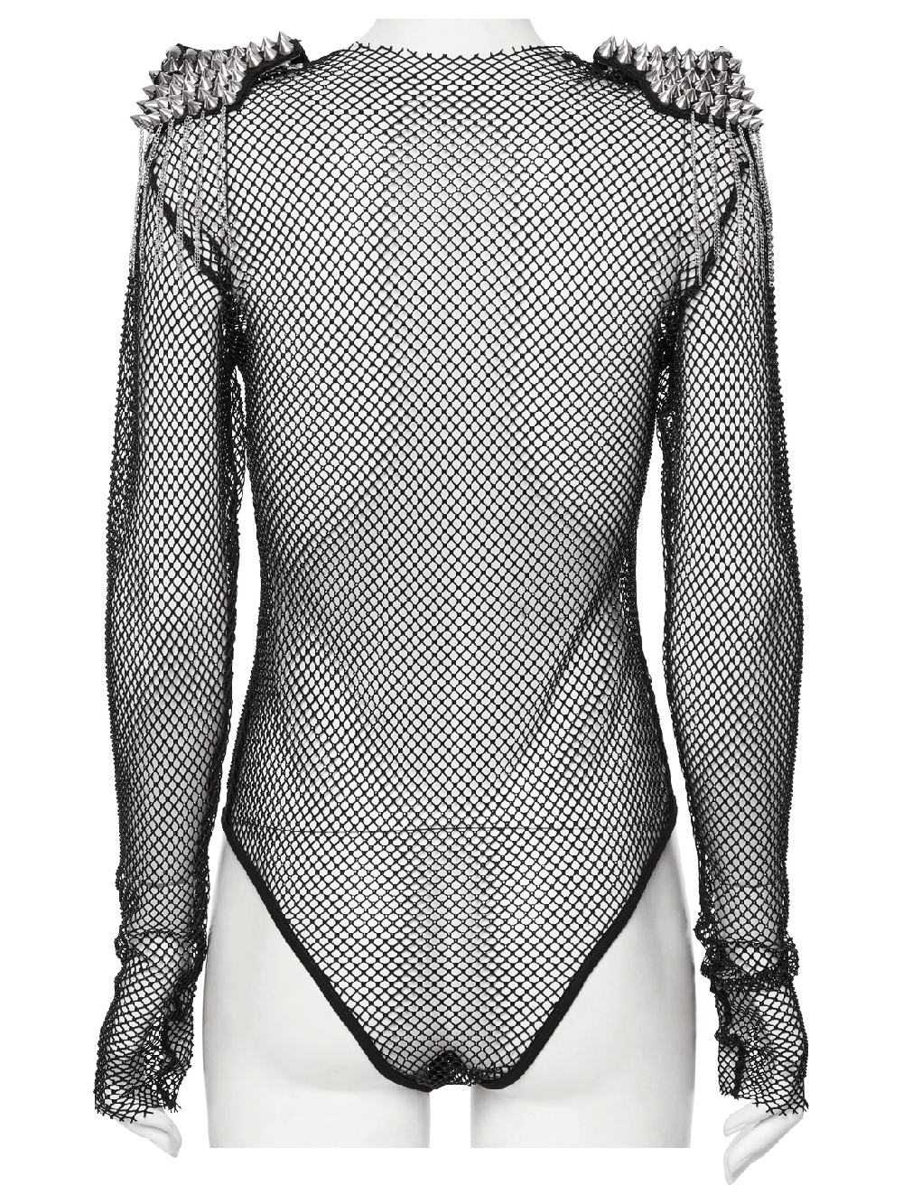 Back view of a sexy black mesh bodysuit with detachable spiked shoulders and long sleeves.