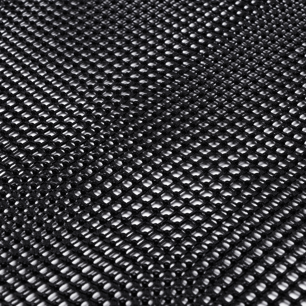 Close-up of shiny black mesh fabric with a diamond texture and glossy finish.