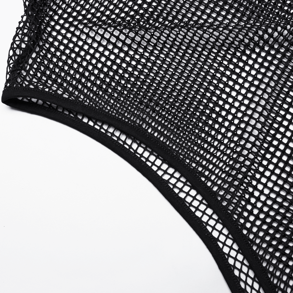 Close-up of black elastic mesh fabric, perfect for a punk bodysuit with a sleek, edgy design.