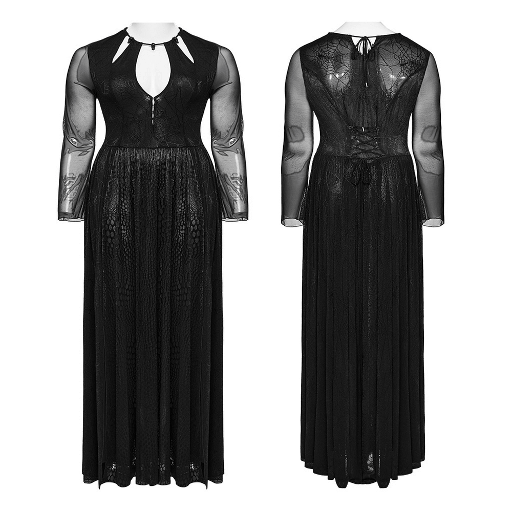 Elegant gothic long-sleeve dress with spiderweb and python pattern detailing, featuring adjustable V-neckline.
