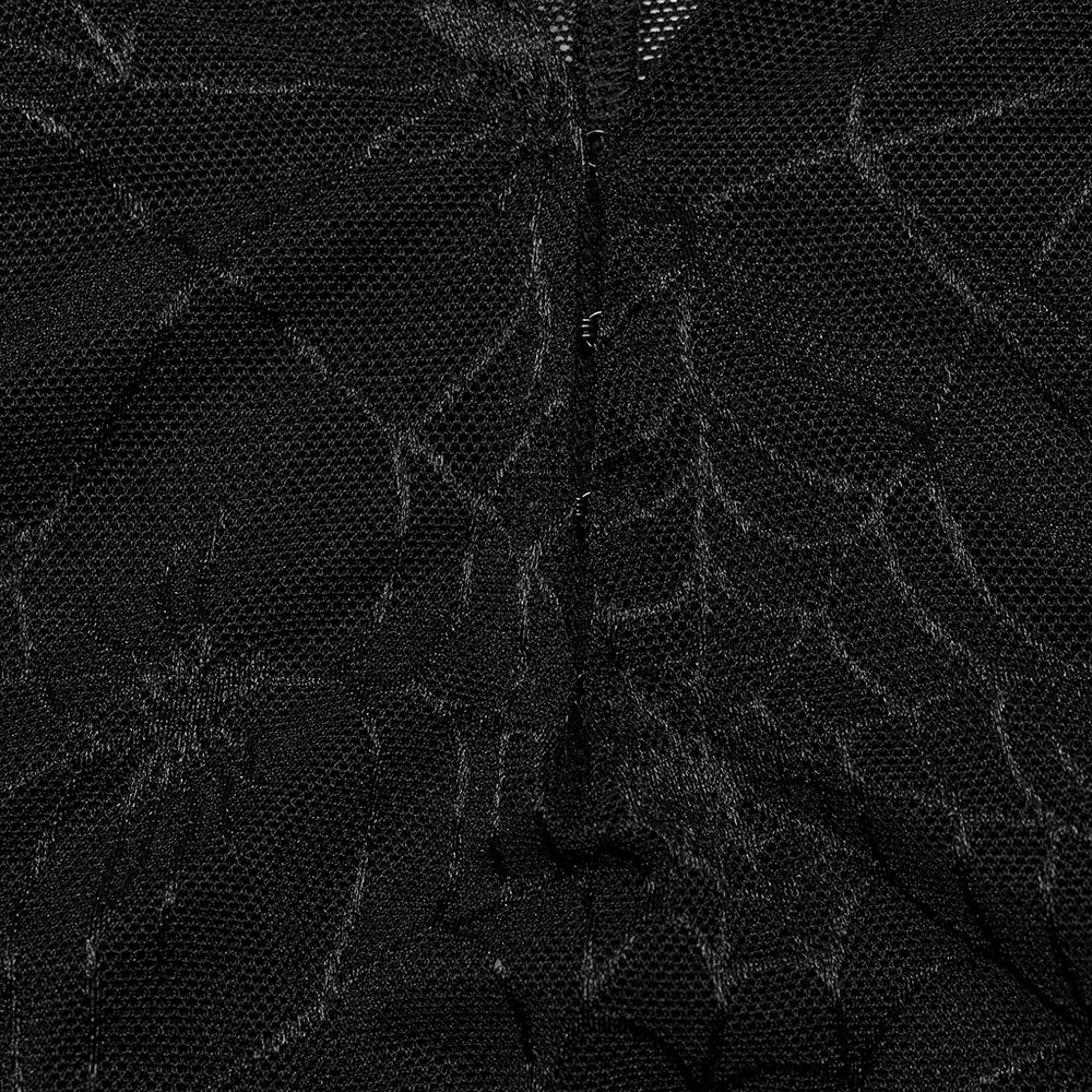 Close-up of black mesh fabric featuring an intricate spiderweb pattern, perfect for gothic fashion.