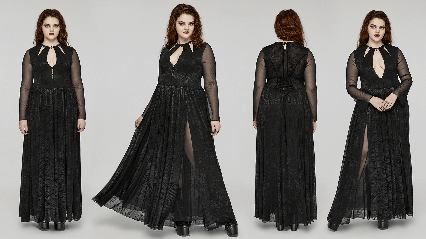 Long-sleeved gothic dress with spiderweb mesh, python patterns, and edgy skull details, perfect for a dark elegance look.