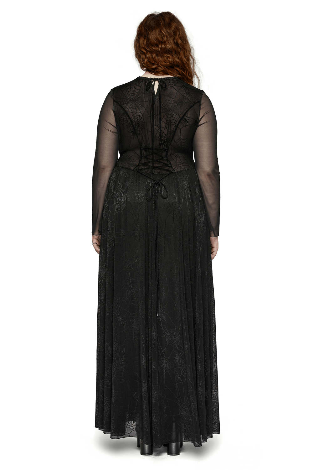 Back view of a sexy gothic dress featuring spiderweb mesh and python pattern, showcasing a lace-up design.
