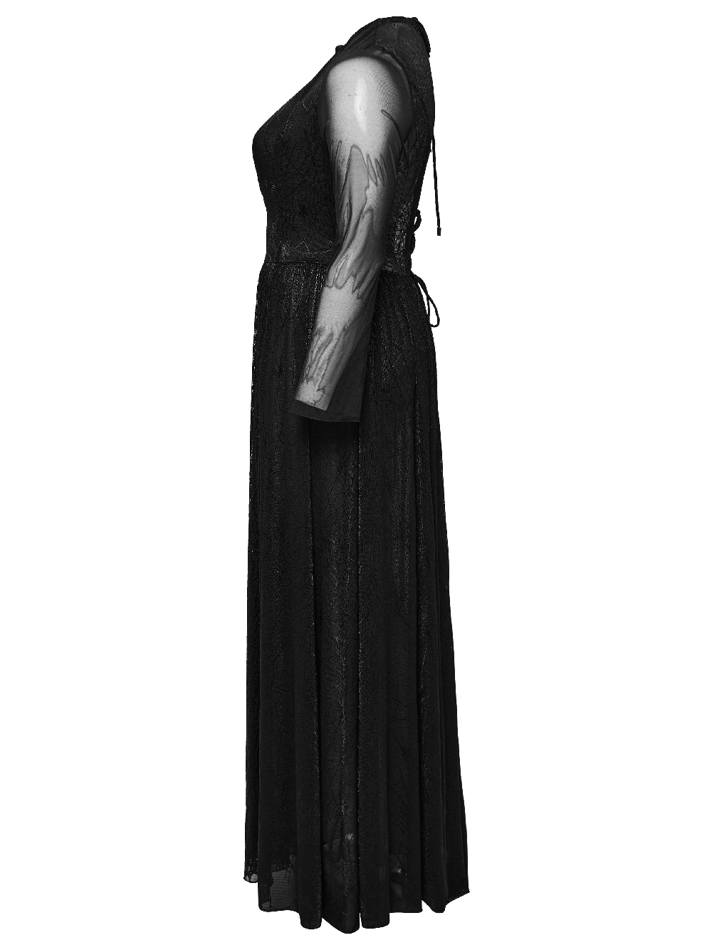 Side view of a sexy long-sleeved gothic dress with spiderweb mesh and python pattern, showcasing adjustable straps.