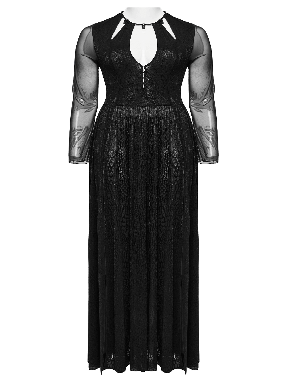 Sexy gothic long-sleeve dress with spiderweb mesh and python pattern, featuring a V-neckline and edgy detailing.