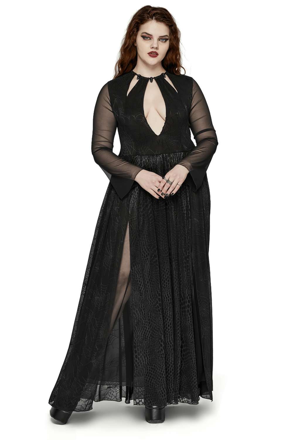 Gothic long-sleeved dress with spiderweb design and python pattern, featuring a daring V-neckline and edgy hollow-out detail.