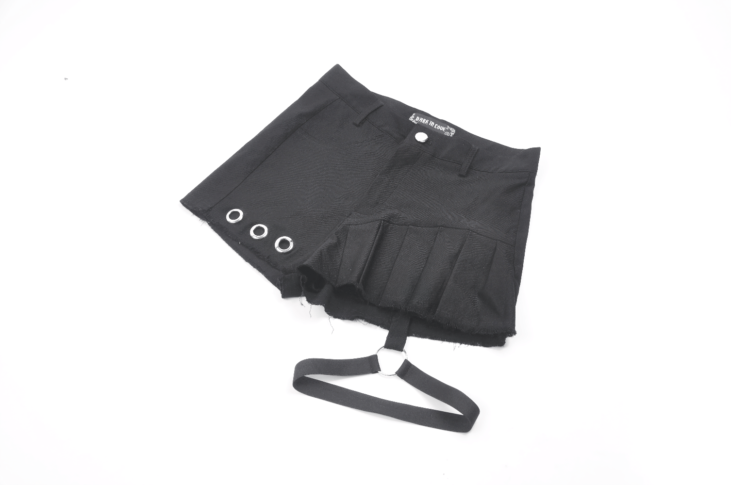 Sleek black pleated shorts with O-ring strap, eyelet details, and studded back pocket for punk-inspired fashion.
