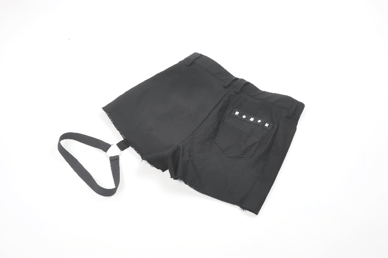 Gothic pleated shorts with O-ring strap, asymmetrical cut, and studded back pocket detail for punk-style outfits.