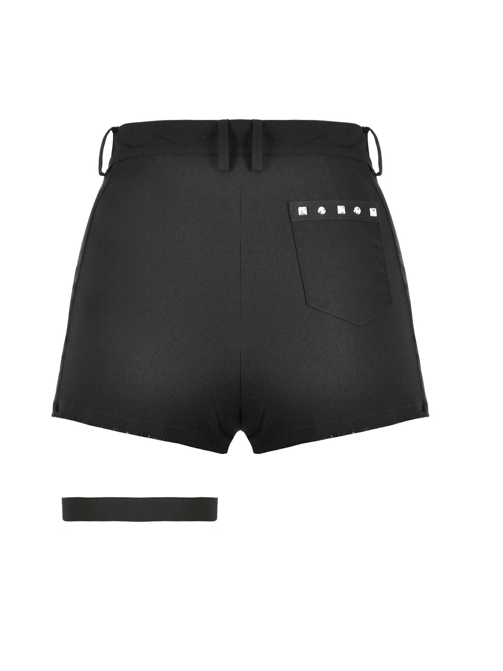 Back view of sexy pleated shorts with studded pocket and detachable O-ring strap, perfect for punk fashion.
