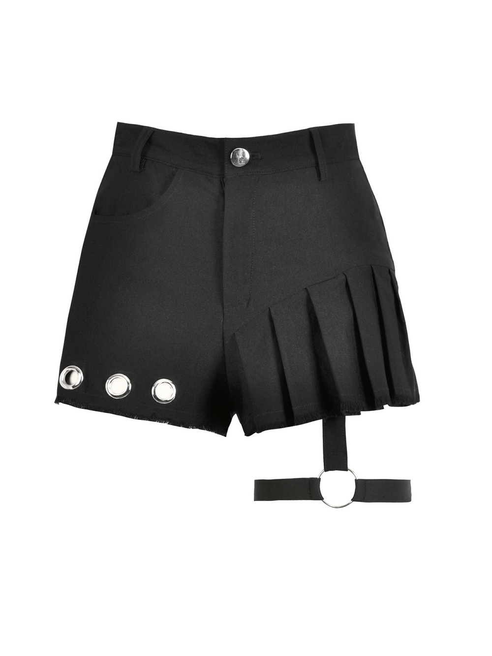 Asymmetrical black pleated shorts with O-ring strap, eyelet details, and studded back pocket design.