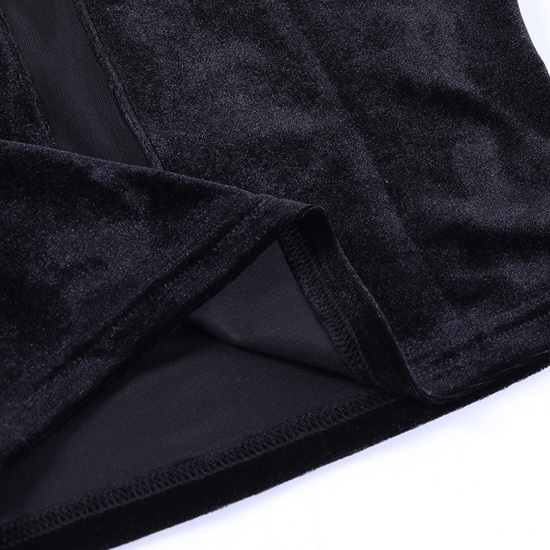Close-up of the soft, luxurious black fabric showcasing the sheer cross detail of a punk women's T-shirt.
