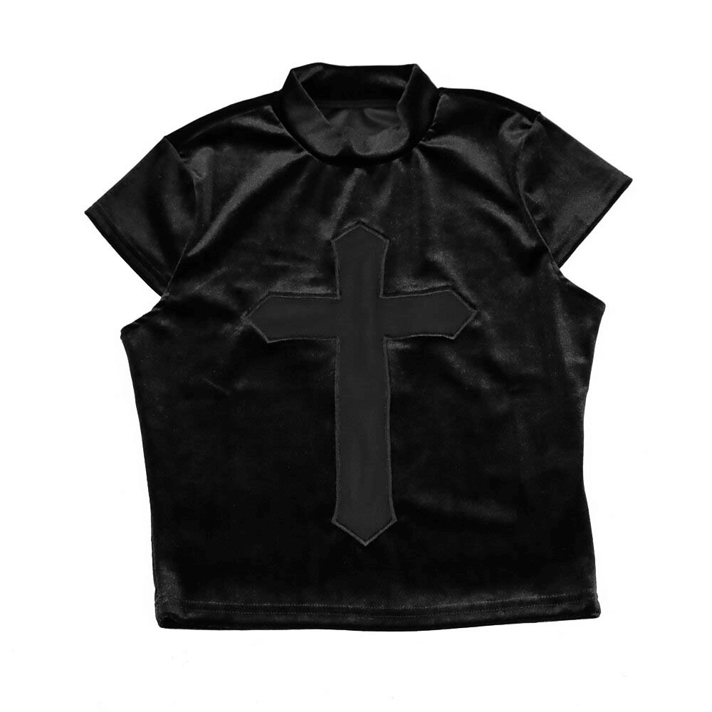 Sexy punk black T-shirt with sheer cross design, perfect for bold women embracing alternative fashion.