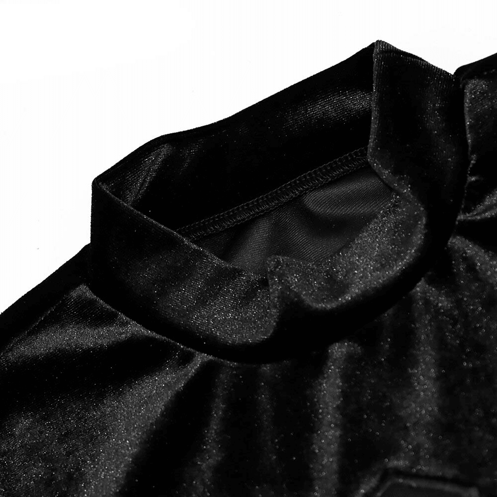 Close-up of a sleek black punk T-shirt collar showcasing the stylish sheer fabric design.