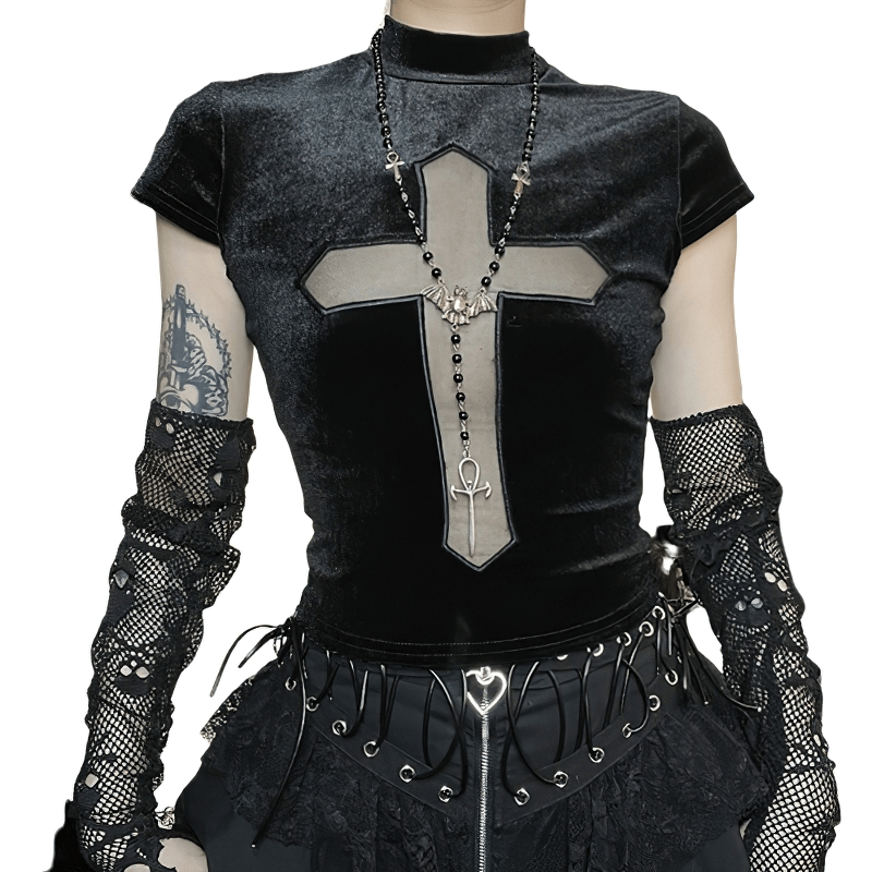 Sexy punk black T-shirt with sheer cross motif and edgy accessories for rebellious women.
