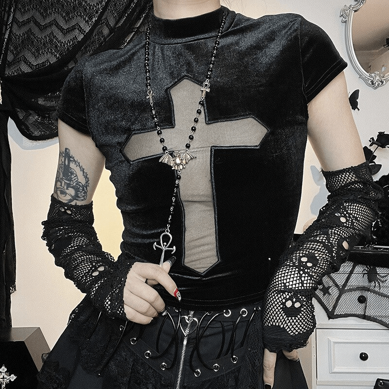 Sexy punk black T-shirt with sheer cross design, perfect for edgy women's fashion and alternative styles.