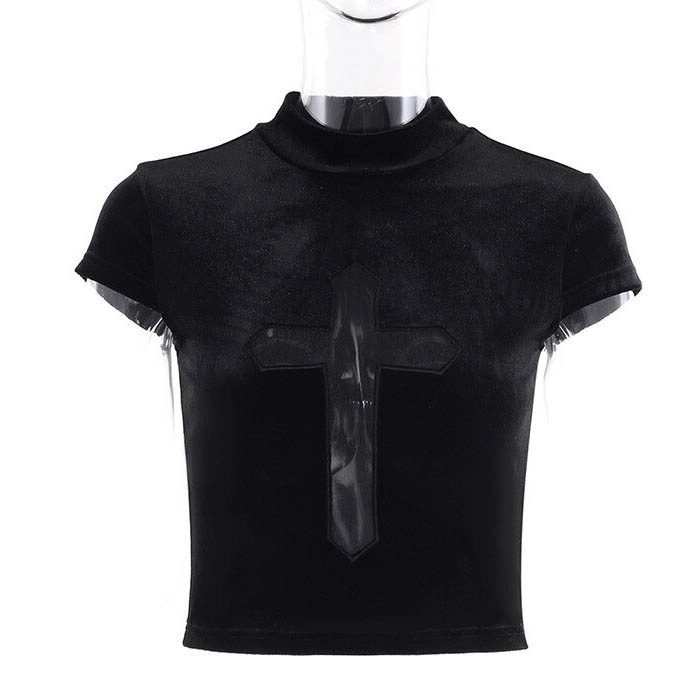 Sexy punk black T-shirt with sheer cross design, perfect for rebellious fashionistas!