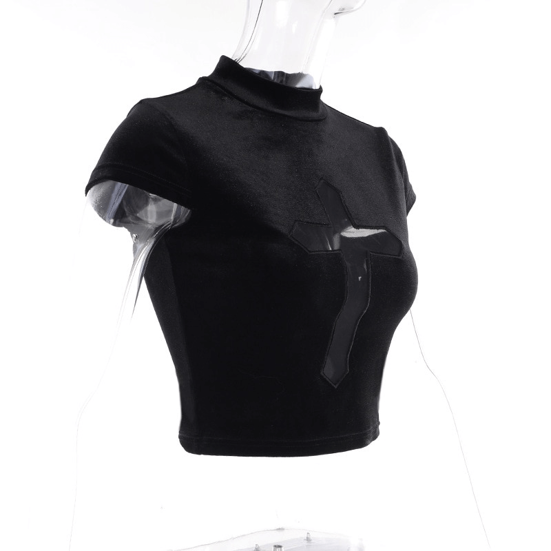 Sexy punk black T-shirt with sheer cross design for women, perfect for edgy fashion lovers.