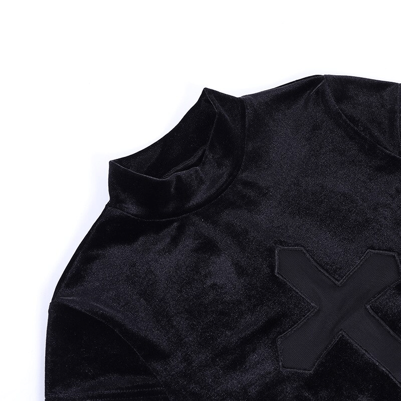Close-up of a sexy punk black T-shirt featuring a sheer cross design, perfect for edgy fashion lovers.