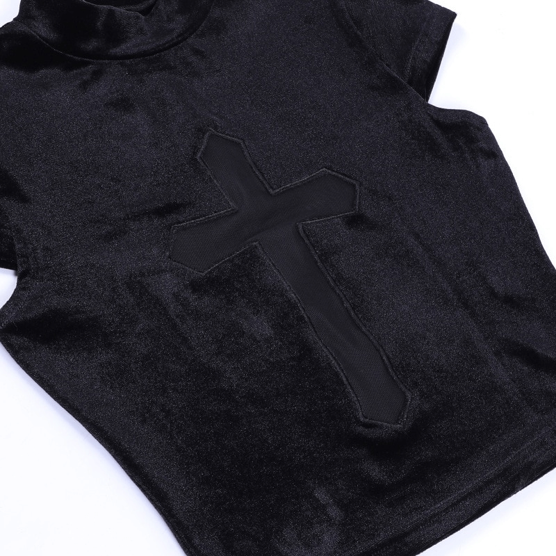 Sexy punk black T-shirt featuring a sheer cross design, perfect for edgy fashion lovers.